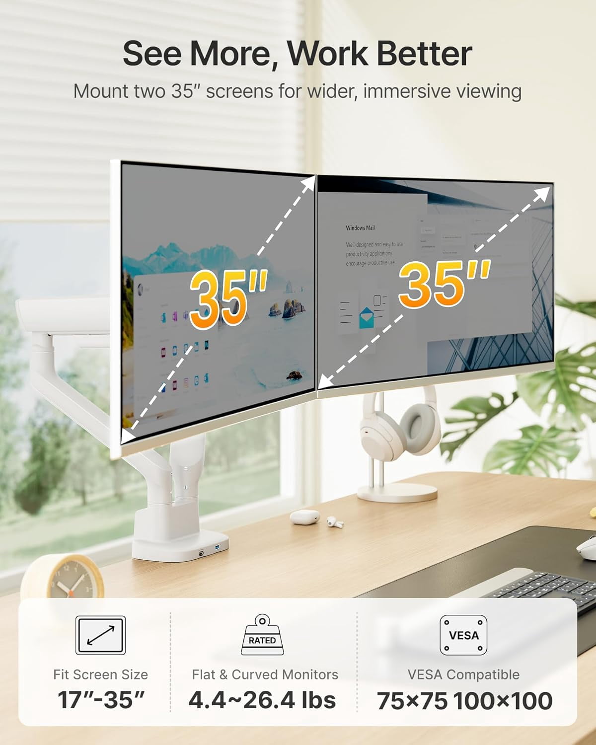 monTEK Dual Monitor Arm with USB Ports, Mechanical Spring Dual Monitor Mount for 17–35" Screens, Holds up to 26.4 lb per Arm, Full Motion Desk Stand with VESA 75x75/100x100, C-Clamp & Grommet