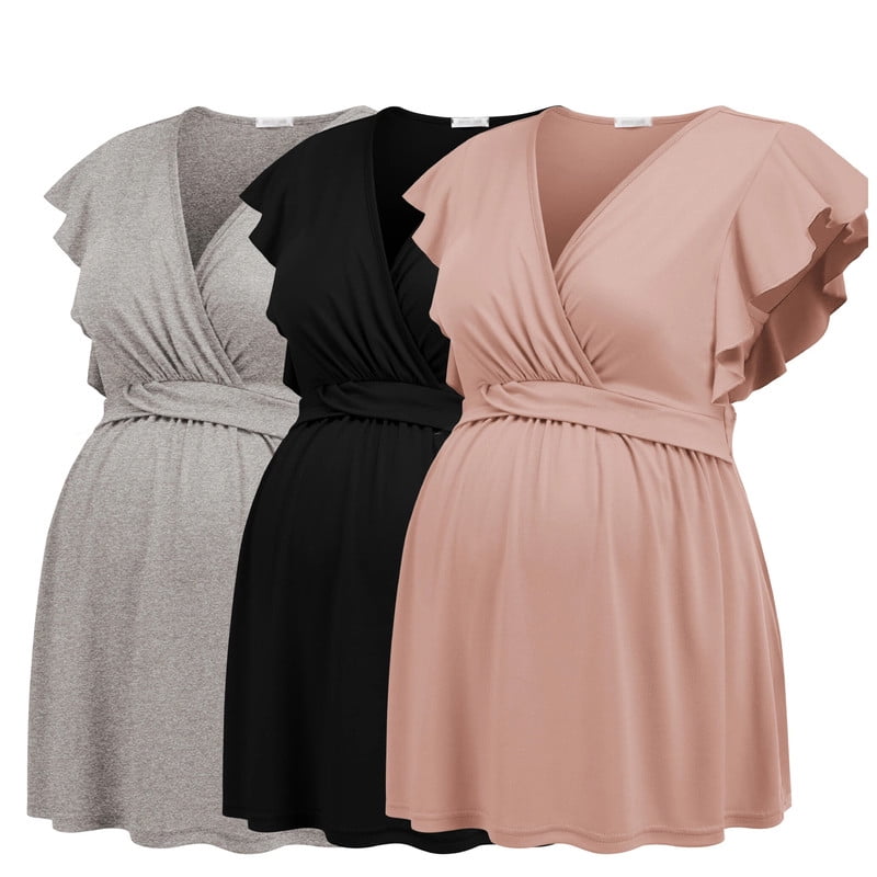 Weardear 3 Pack Maternity Tops Flying Shorts Sleeve Nursing Shirts V Neck Ruched Twisted Pregnancy Clothes