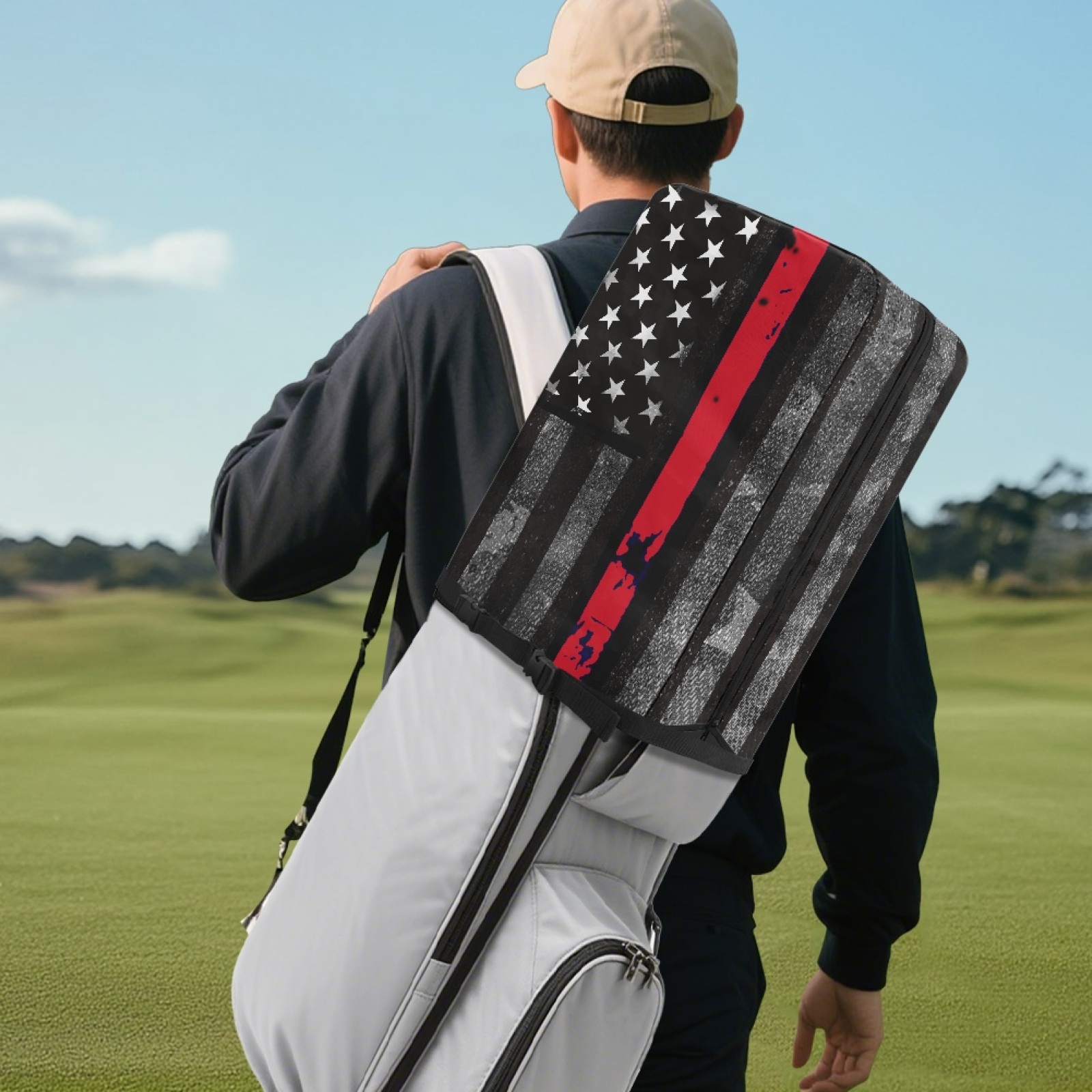 Yuyamidu American Flag Golf Bag Cover Portable Golf Bag Rain Cover Red Line Golf Caddy Bags Covers Golf Gifts for Women Universal Golf Club Bag Accessories