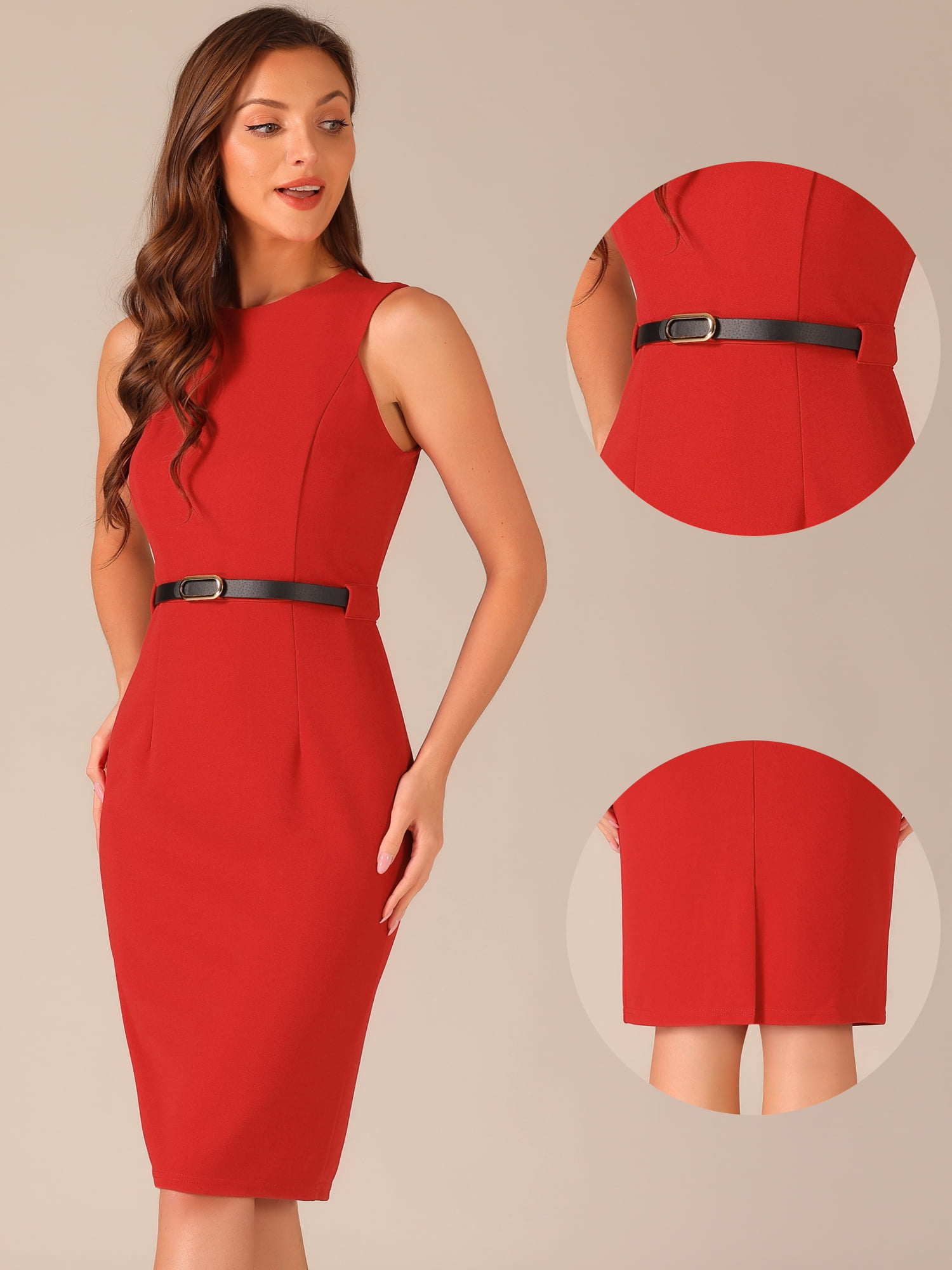 DARING DIVA Women's Belted Sheath Round Neck Sleeveless Dresses L Red