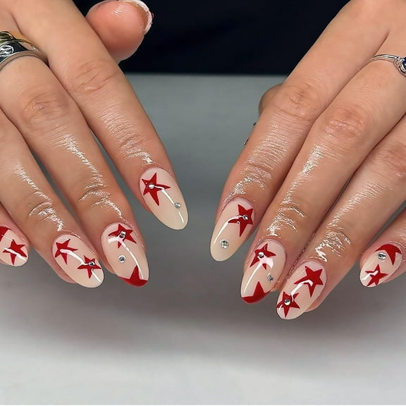 Red Star Press on Nails Short Almond Fake Nails with Rhinestones Designs Full Cover False Nails Acrylic Stick on Nails Reusable Glossy Artificial Nails for Women Girls Glue on Nails 24Pcs Multicolor