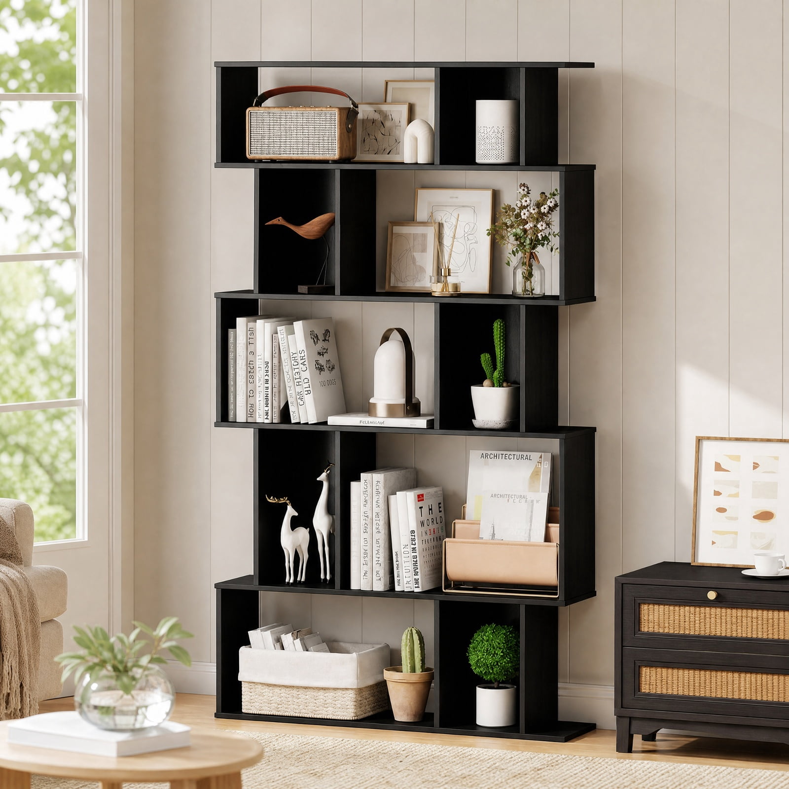 Furnibear Geometric Bookshelf 5-Tier Bookcase with Open Shelves and Closed-back Cubes for Living Room Home Office Bedroom Display Storage Shelf, Black