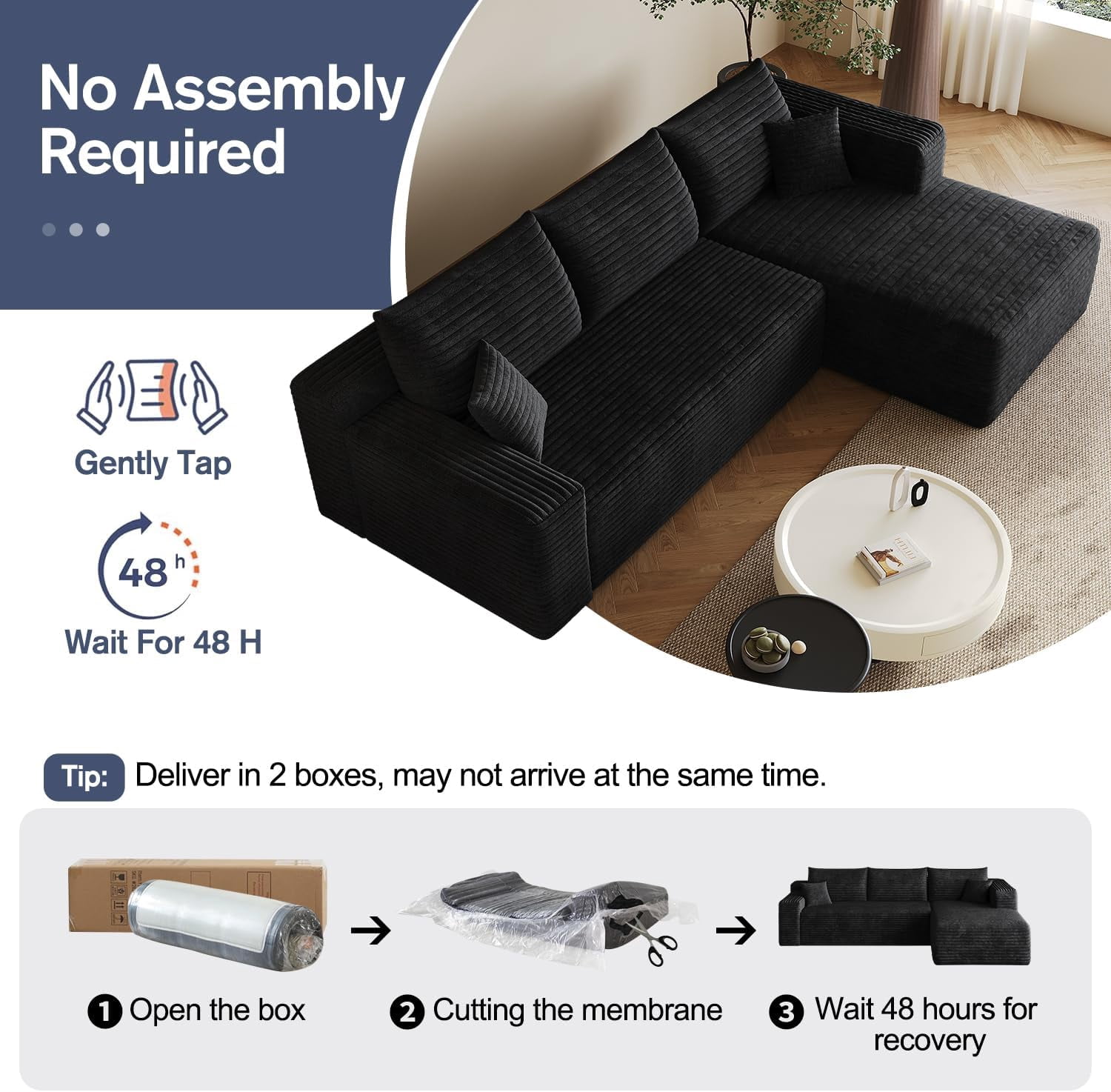 Howcool Boneless Sectional Sofa, L-Shaped Cloud Couch with Right-Facing Chaise, Deep Seat Memory Foam Modular Sofa for Living Room, Black