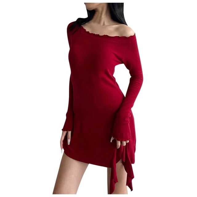 AherBiu Robe à Manches Longues pour Femmes, Épaules Dénudées, Couche de Base, Robe Noire, Volants Latéraux, Mini-Robe Ajustée