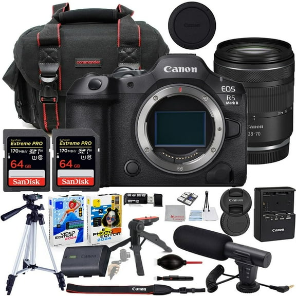 Canon EOS R5 Mark II Mirrorless Camera with 28-70mm Lens Bundle with Commander Gear Bag   Microphone   2X 64GB Extreme Memory Cards   Accessory Kit