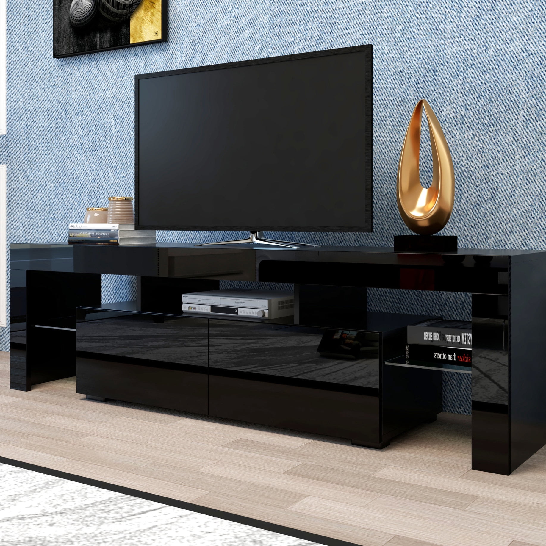 20-Color LED Black TV Stand, Remote-Controlled Lights | Ideal for Modern Living Rooms, High Load Bearing