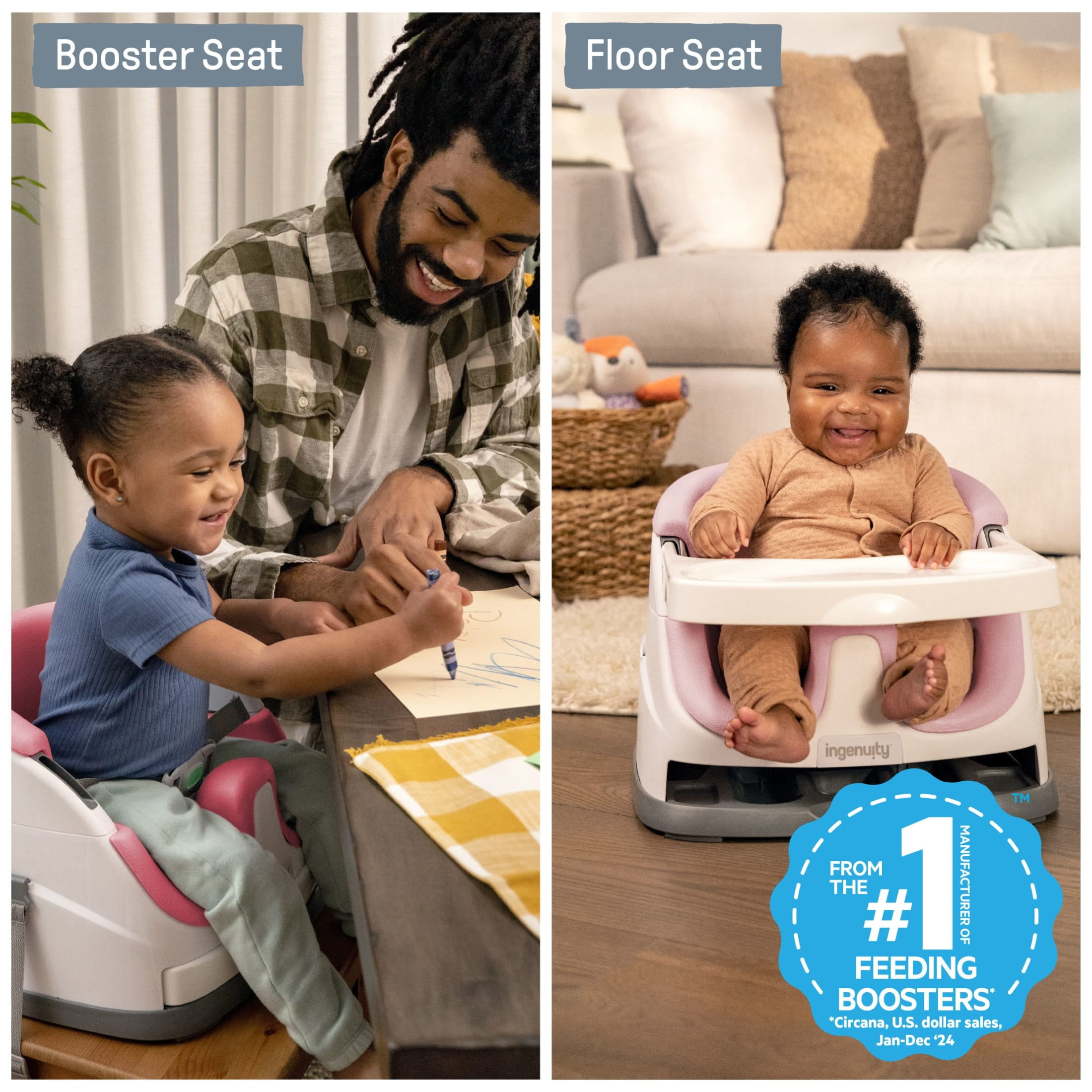 Ingenuity Baby Base 2-in-1 Booster Feeding High Chair and Floor Seat with Self-Storing Tray - Peony