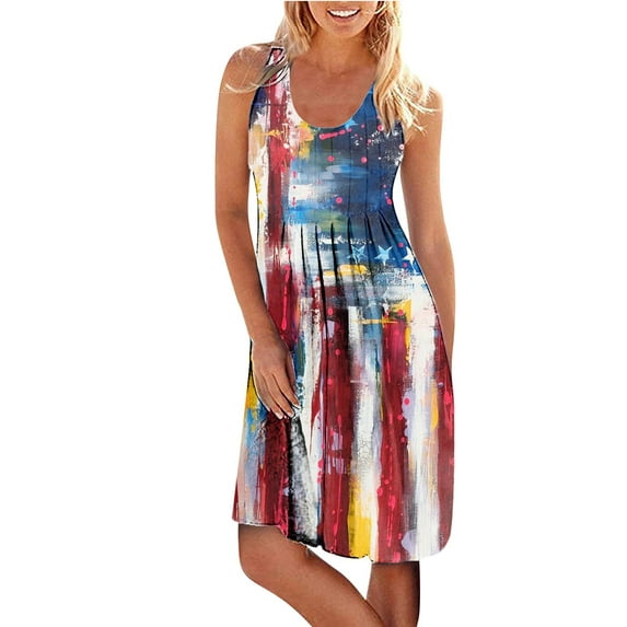 PALACLOTH Women's Round Neck Sleeveless Straight Summer America Flag Independence Day Dress