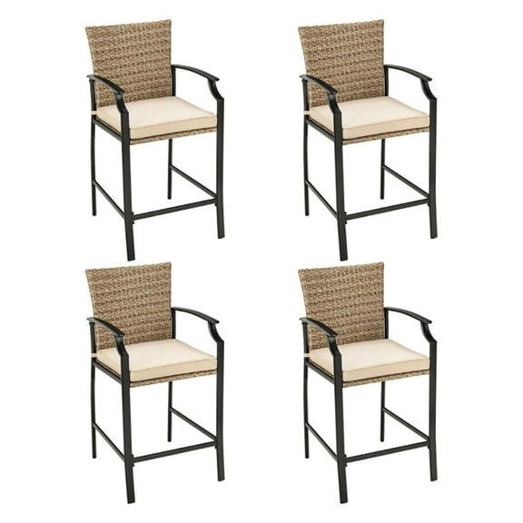 Patio Rattan Bar Stools Set of 4, Outdoor Wicker Bar Chairs with Cushions, Beige, 25" Seat Height, Ergonomic Design for Backyard, Poolside, Garden, 330 lbs Capacity