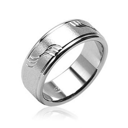 Stainless Steel Wave Ring - 8mm Brushed with Diagonal Cut Waves 316L Surgical Stainless Steel Ring Men's Band (SIZE: 10)