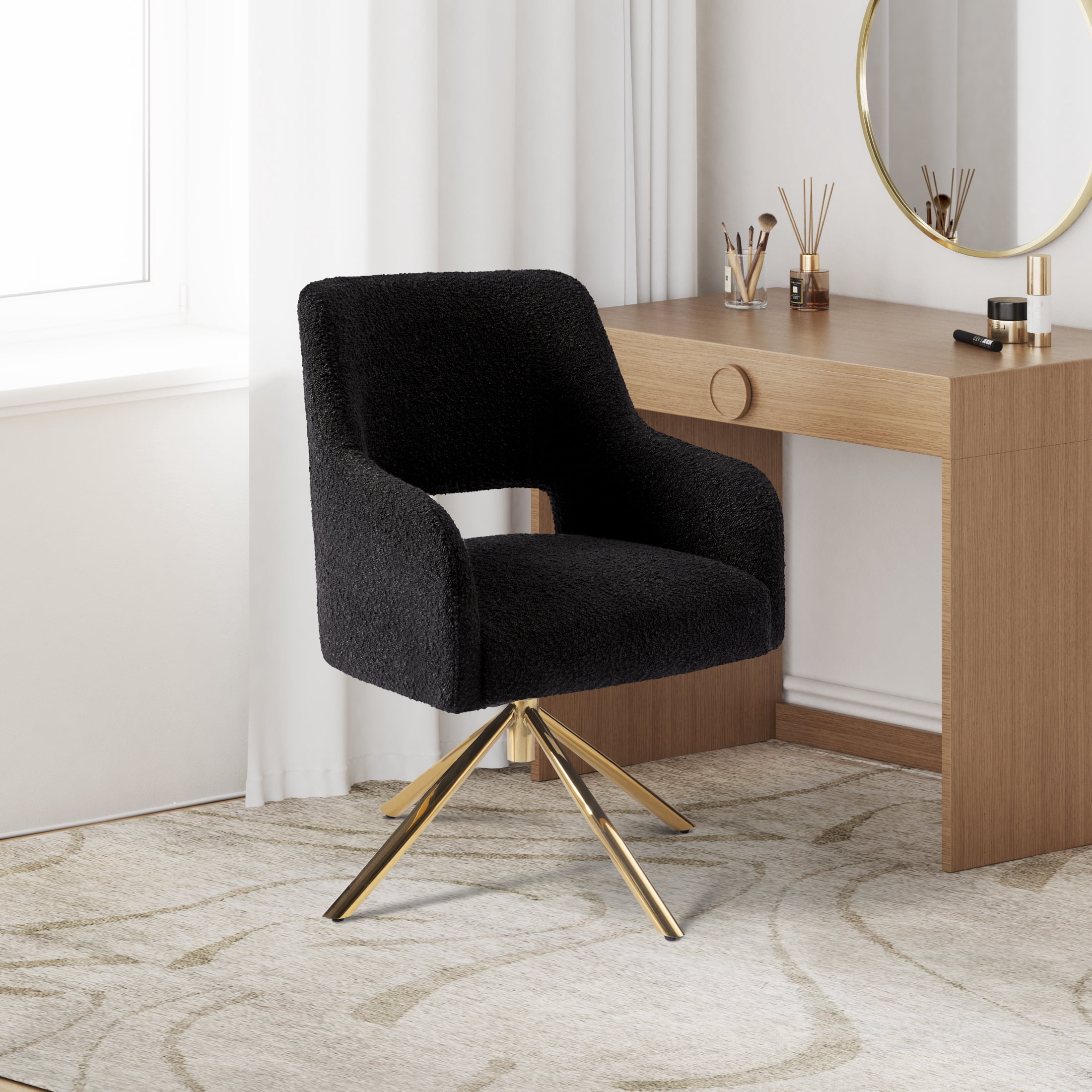 Mid-Century Modern Water and Stain Resistant Boucle Fabric Upholstered Swivel Accent Chair, Black