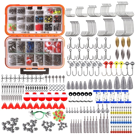 Blusea 343pcs Compact Fishing Tackle Kit - All-in-One Freshwater Hooks, Weights, Bobbers in Tackle Box, Fishing Gear Set for Bass Trout Panfish