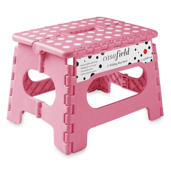Casafield 9" Folding Step Stool with Handle - Pink, Collapsible Foot Stool for Adults