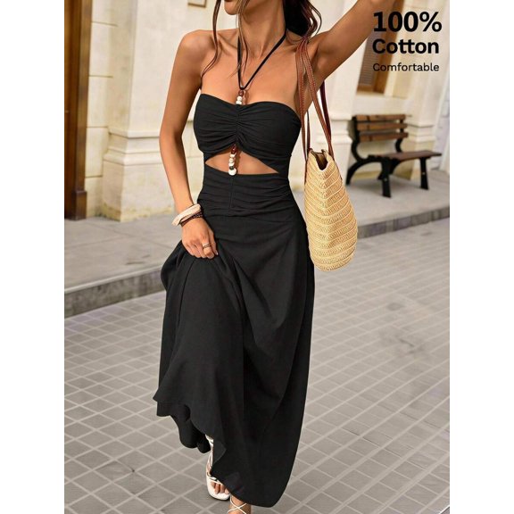 Womens Black Halter Bodycon Maxi Dress Cutout Waist Beaded Detail Summer