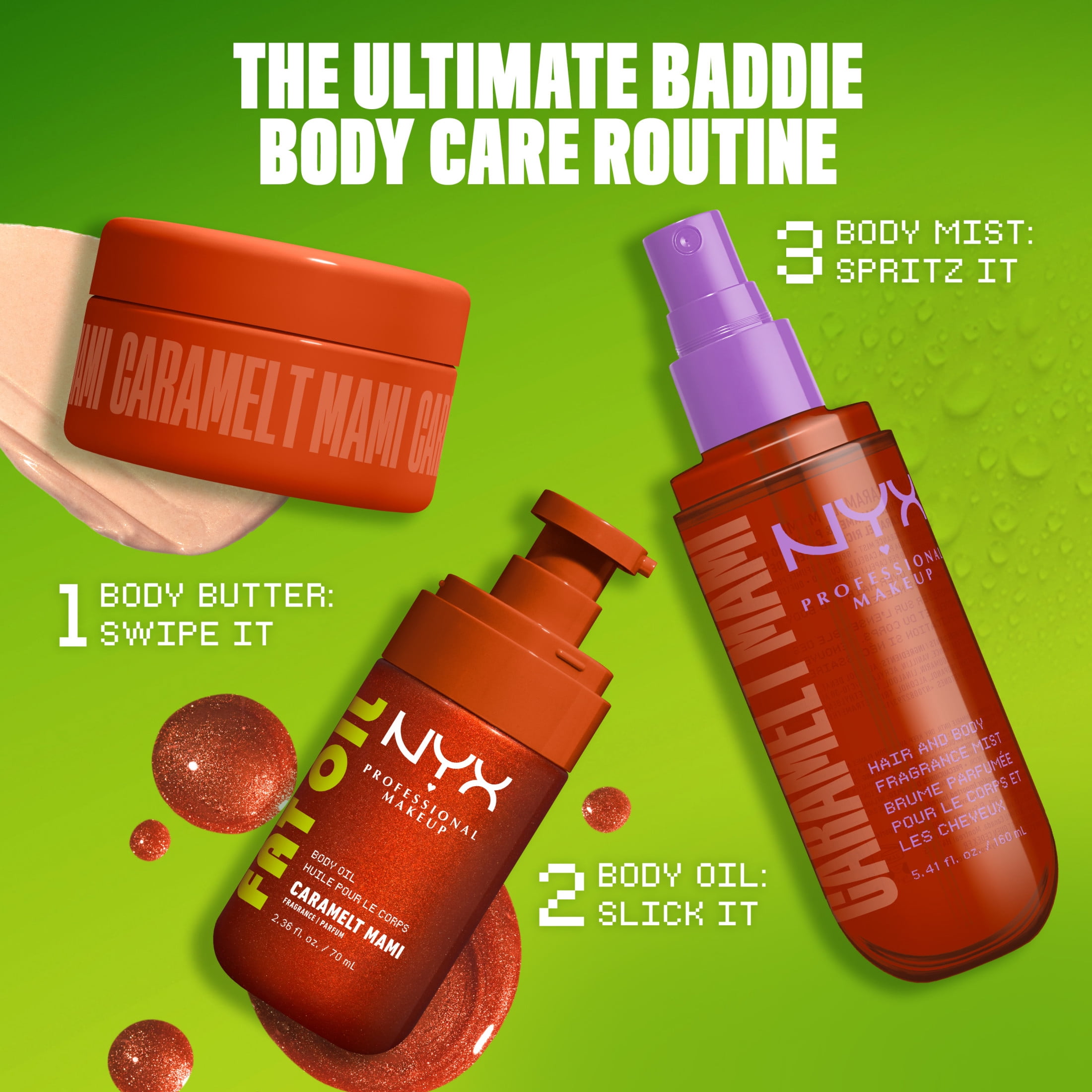 NYX Professional Makeup Fat Oil Caramel Pistachio Sweet Body Spray Hair Mist, Caramelt Mami, 2.7 fl oz