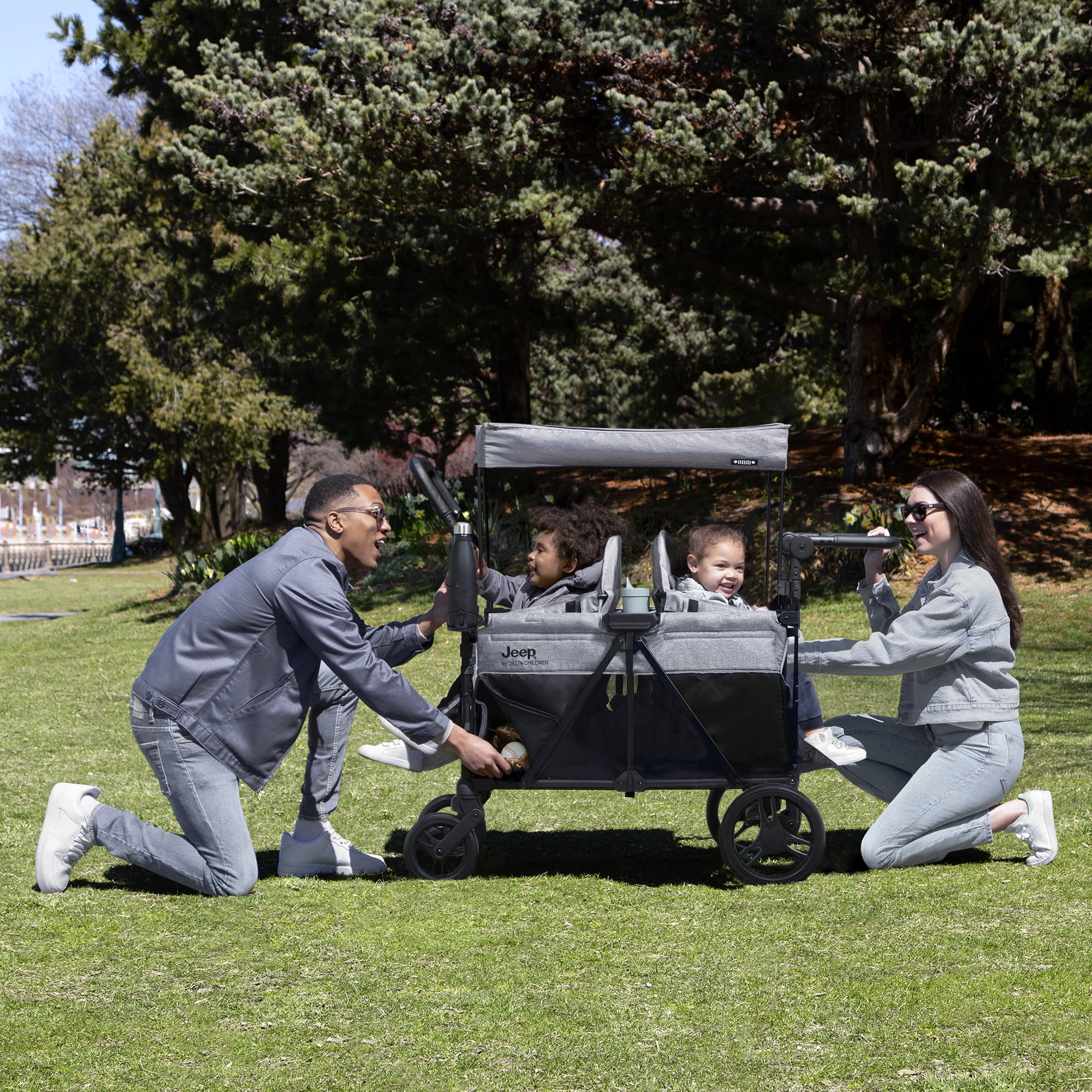 Jeep Aries Stroller Wagon by Delta Children - Premium Wagon for 2 Kids with Convertible Seats, Adjustable Push/Pull Handles, Removable Canopy & Flat Fold - Greenguard Gold Certified, Grey