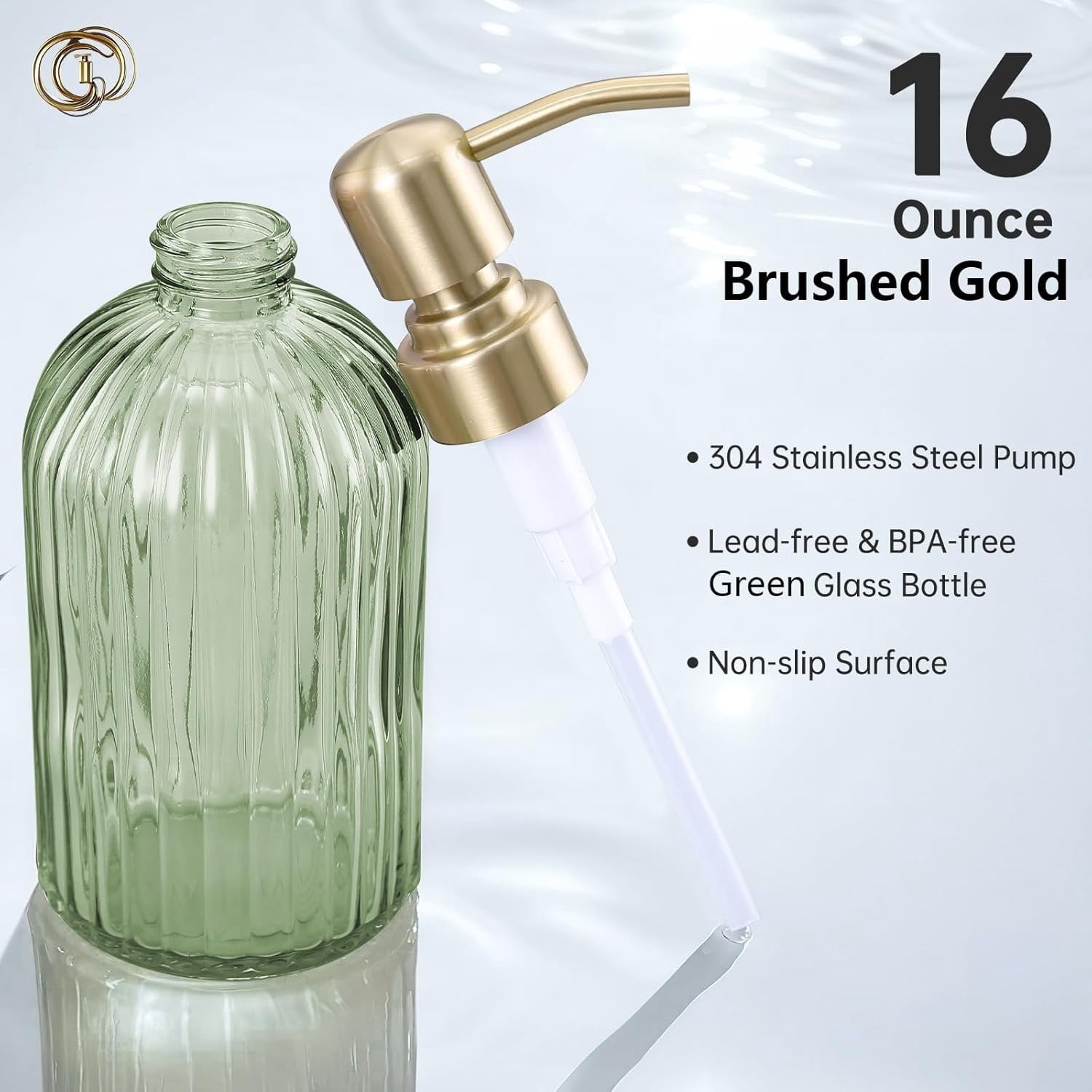 16Oz Green Glass Soap Dispenser with Rust Proof Stainless Steel Pump, Green Stripe Bathroom Hand Dish Lotion Dispensers with Brushed  Pump,Brushed  Glass Soap Dispenser