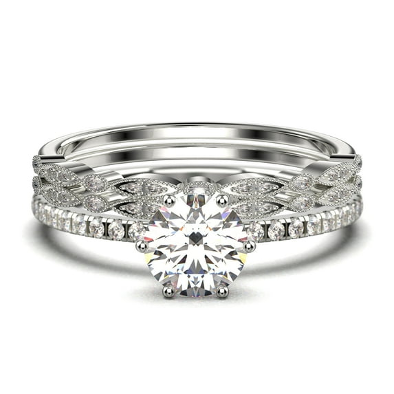 Beautiful Art Deco 2.25 Carat Round Cut Diamond Moissanite Engagement Ring, Wedding Ring, Two Matching Band in 10k Solid White Gold, Gift For Her Gift For Girlfriend Promise Ring