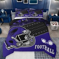 Manfei Football Game Lovers Full Size Comforter Sets,Rugby Sport City Bedding Comforter Set,Purple Black Bedding Sets For Boys,Microfiber Bedroom Decor Reversible,3pcs