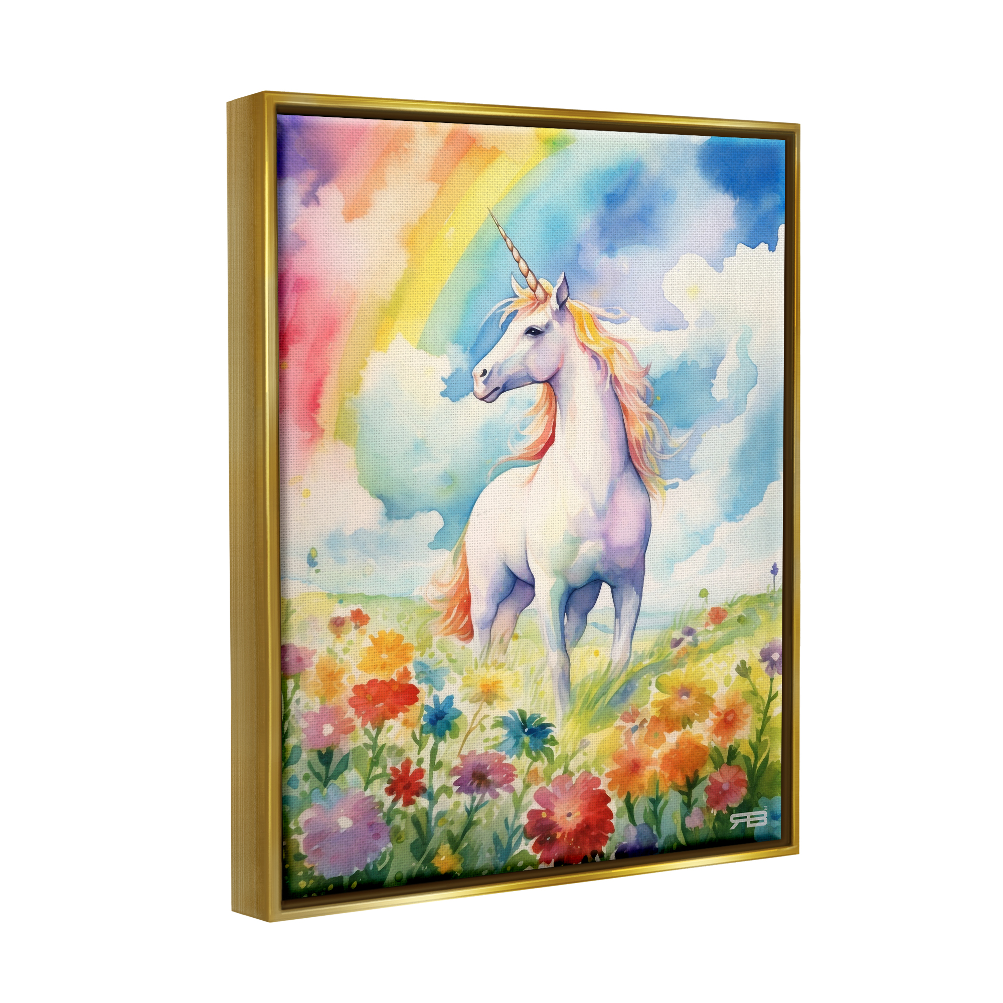 Stupell Industries Unicorn in Rainbow Meadow Fairy Tales & Fantasy Painting Gold Floater Framed Canvas Art Print Wall Art, 25 x 31