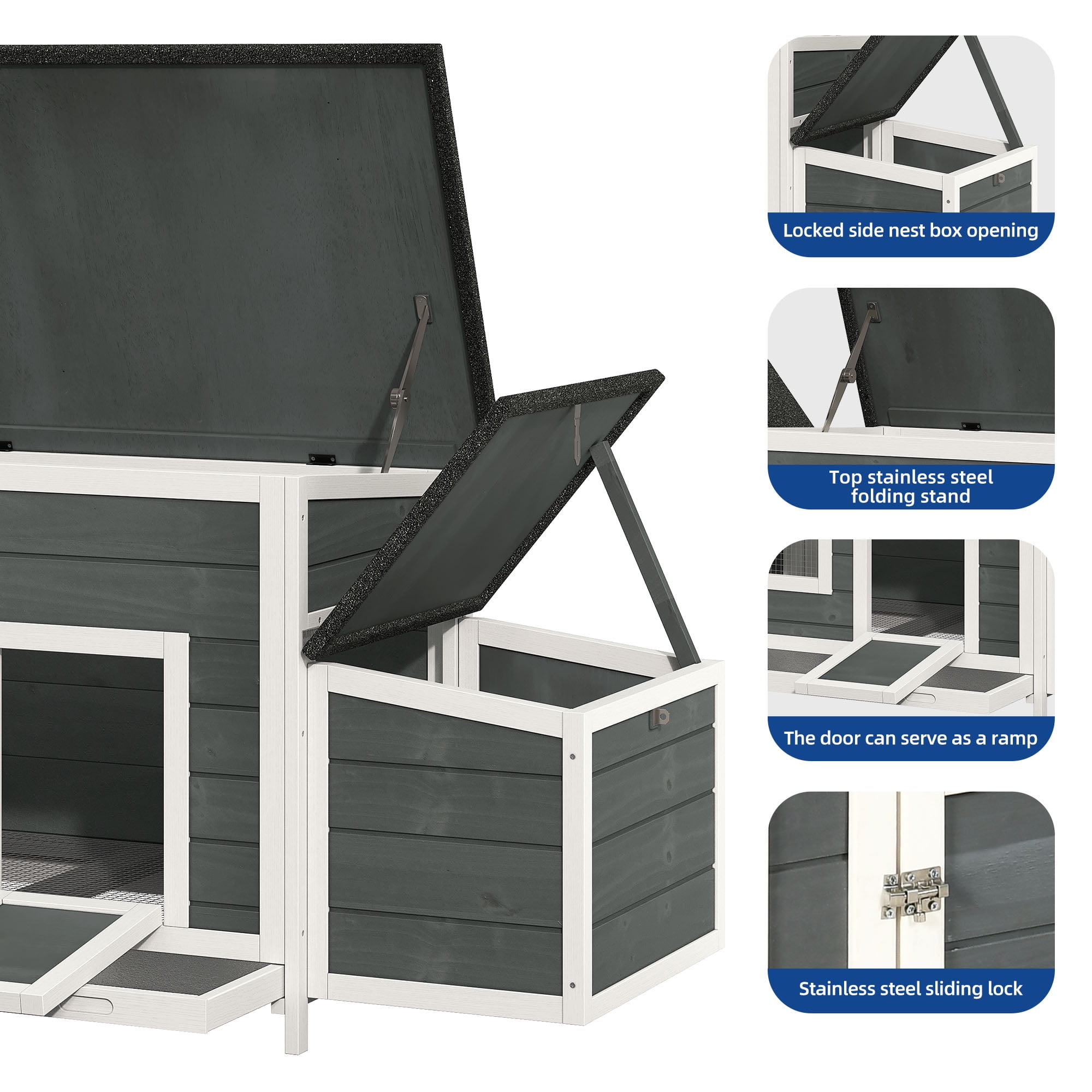 Uforic Large Wood Chicken Coop Hen House 2-4 Chickens with 2 Nesting Box, Outdoor Chicken Hutch Rabbit Hutch Duck Cage - Gray