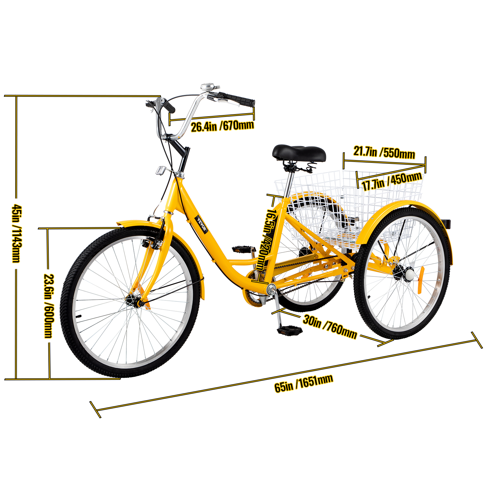 VEVOR Adult Tricycle 24 inch, 1-Speed Three Wheel Bikes , Yellow Tricycle with Bell Brake System, Bicycles with Cargo Basket for Shopping - image 8 of 9