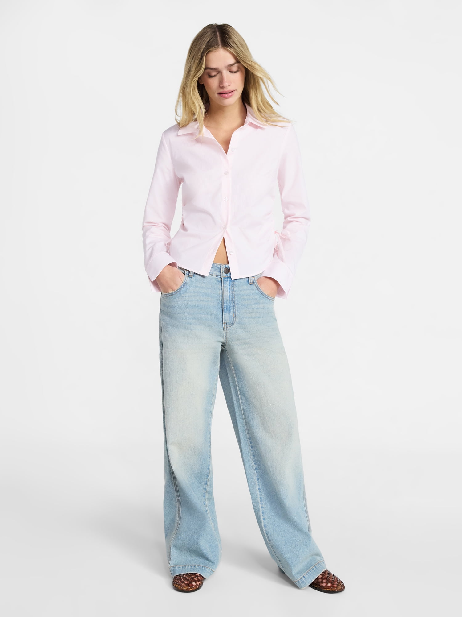 No Boundaries Side Ruched Button-Down Shirt, Women’s XXS-XXL