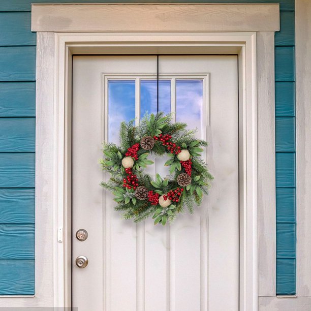 ¡Oferta Exclusiva!, Corona navideña para puerta de entrada, corona navideña con bayas rojas, corona artificial de abeto para uso en interiores y exteriores, decoración navideña Akmoler