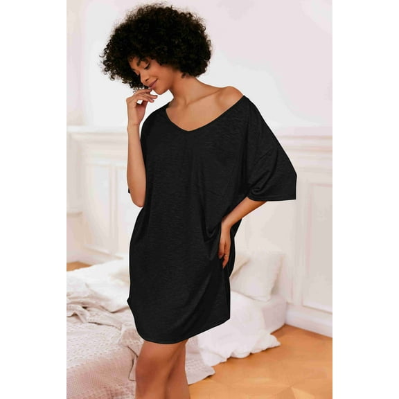 Ekouaer Womens Tshirt Nightgown Cotton V Neck Sleepshirts Comfy Casual Nightshirt for Women Black L