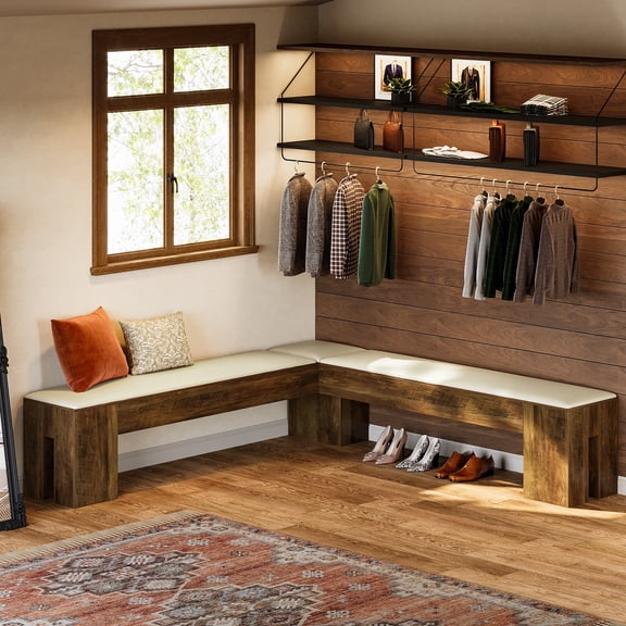 Finmind L-Shaped Bench, 61" Entryway Shoe Bench with Padded Seat Cushion, Corner Breakfast Nook Seating for Kitchen, Cloakroom, Entry, White & Brown