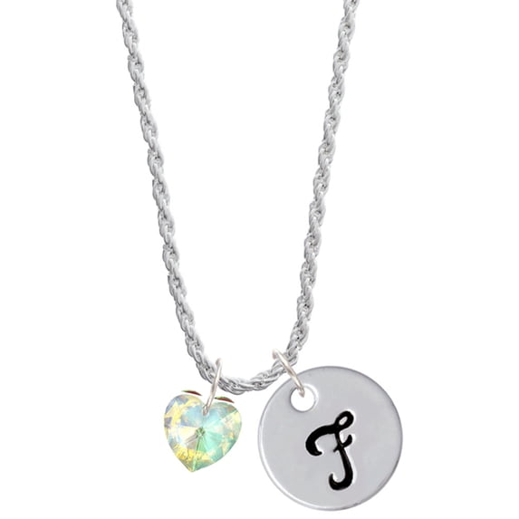 Delight Jewelry Clear AB Crystal Heart Silvertone Script Initial Disc - F - Charm Necklace, 20"+3"