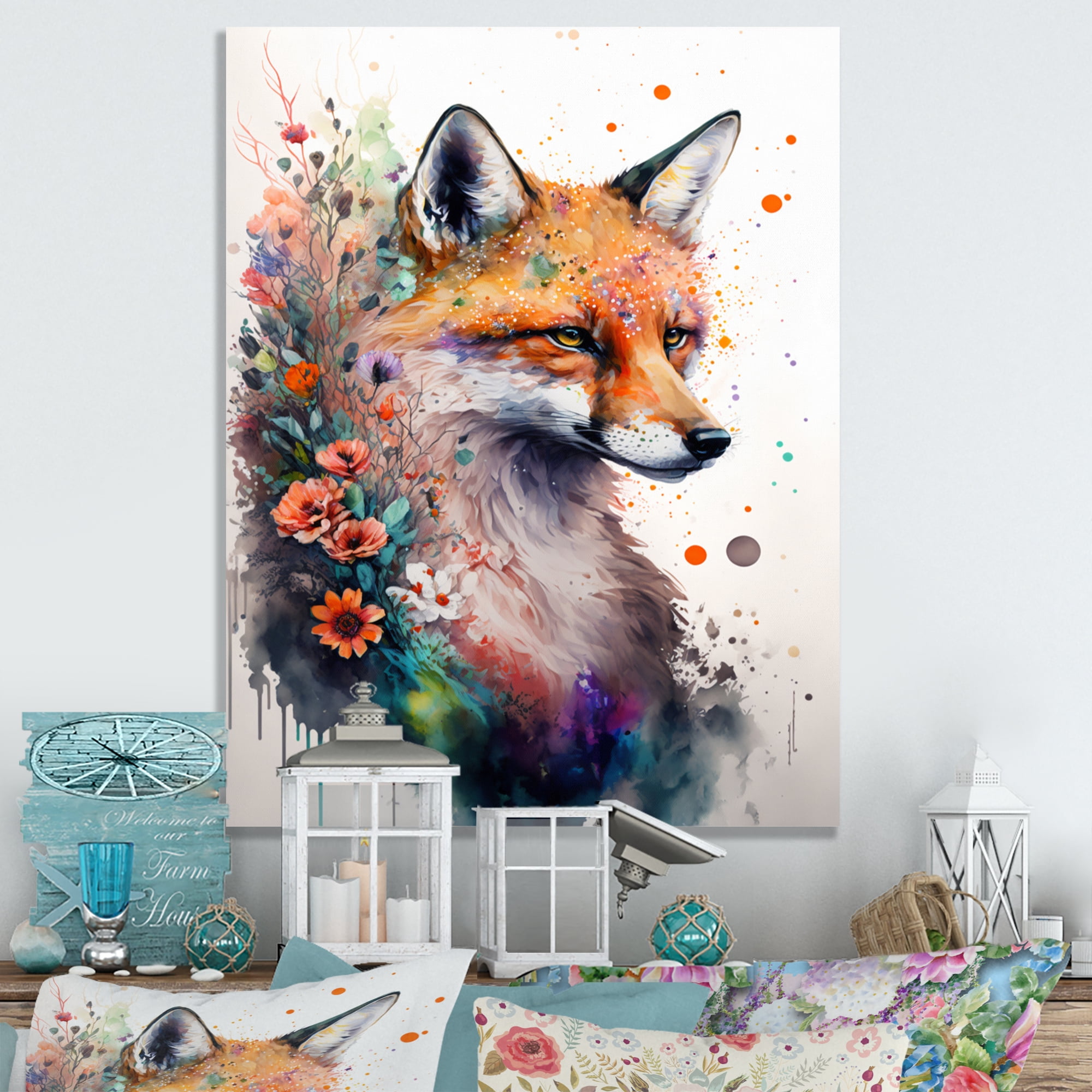 Designart Cute Fox Floral Art I Canvas Wall Art