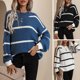 thumbnail image 5 of Moda mujer suéter de punto bloque de color a rayas manga larga pulóver camisa de gran tamaño suéter Abanopi Negro/Extragrande, 5 of 7