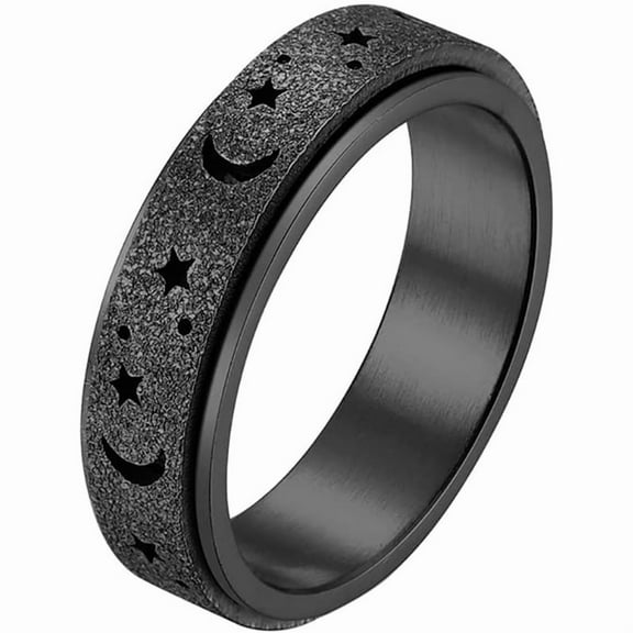 5 pc 201 Stainless Steel Moon and Star Rotatable Finger Ring Spinner Fidget Band Anxiety Stress Relief Ring for Women Electrophoresis Black US Size 12(21.4mm)