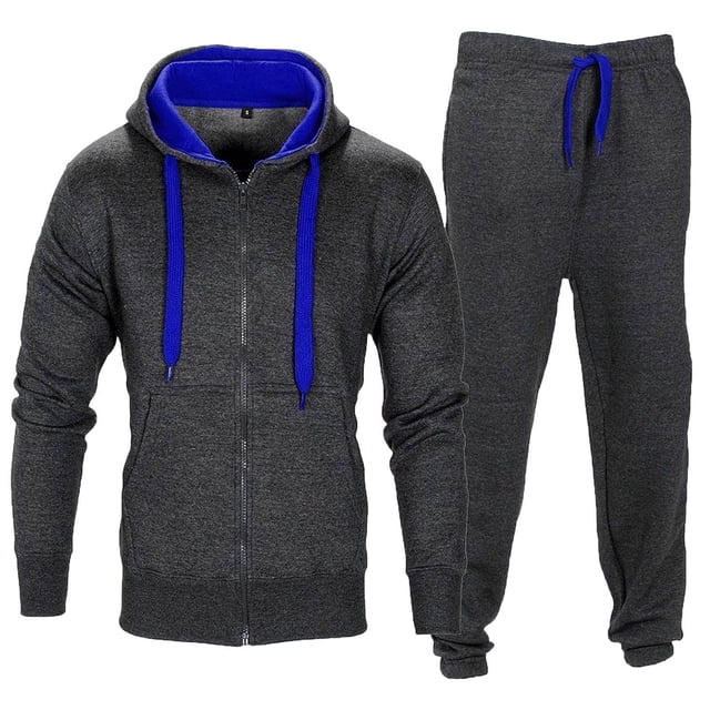 Men Casual Solid Drawstring Zipper Hoodie Tracksuit Long Sleeve Pant Set