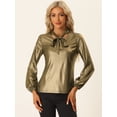 thumbnail image 4 of Blusa de Color Metálica Brillante para Mujer con Cuello Anudado Camisa de Manga Larga para Fiestas Oro XS, 4 of 5