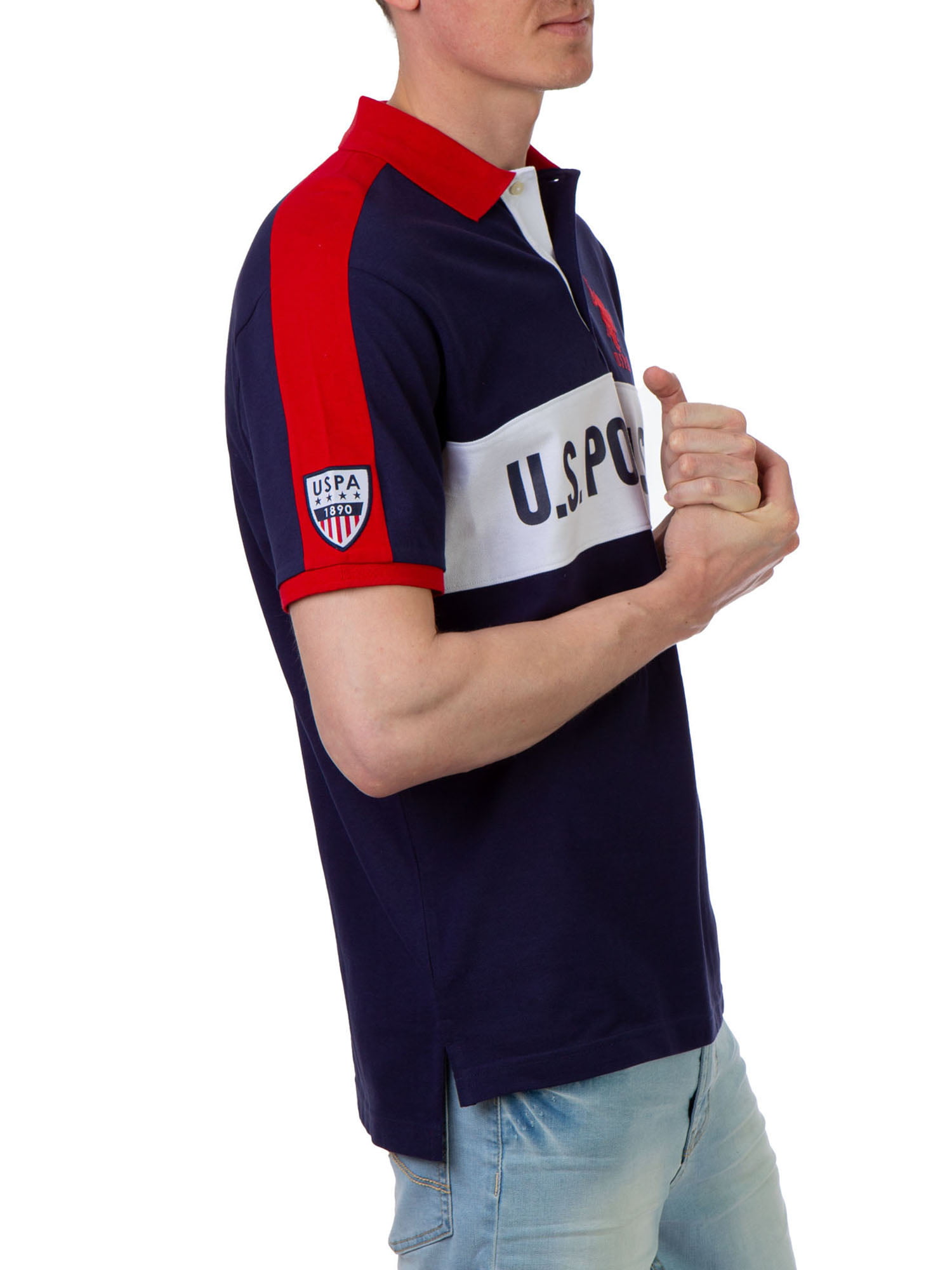 Polo Assn U.S Mens Color Block Stripe Pique Polo Shirt with 3 Patch
