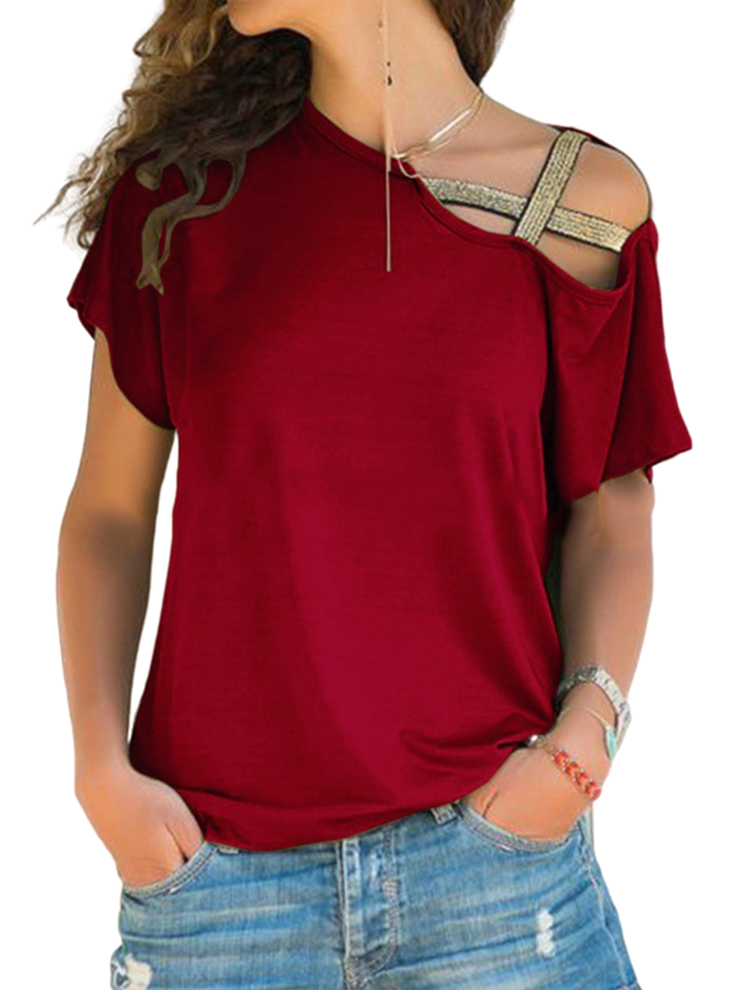 Women Basic Tops Sequin Gold Strap Off One Shoulder Criss Cross Cold