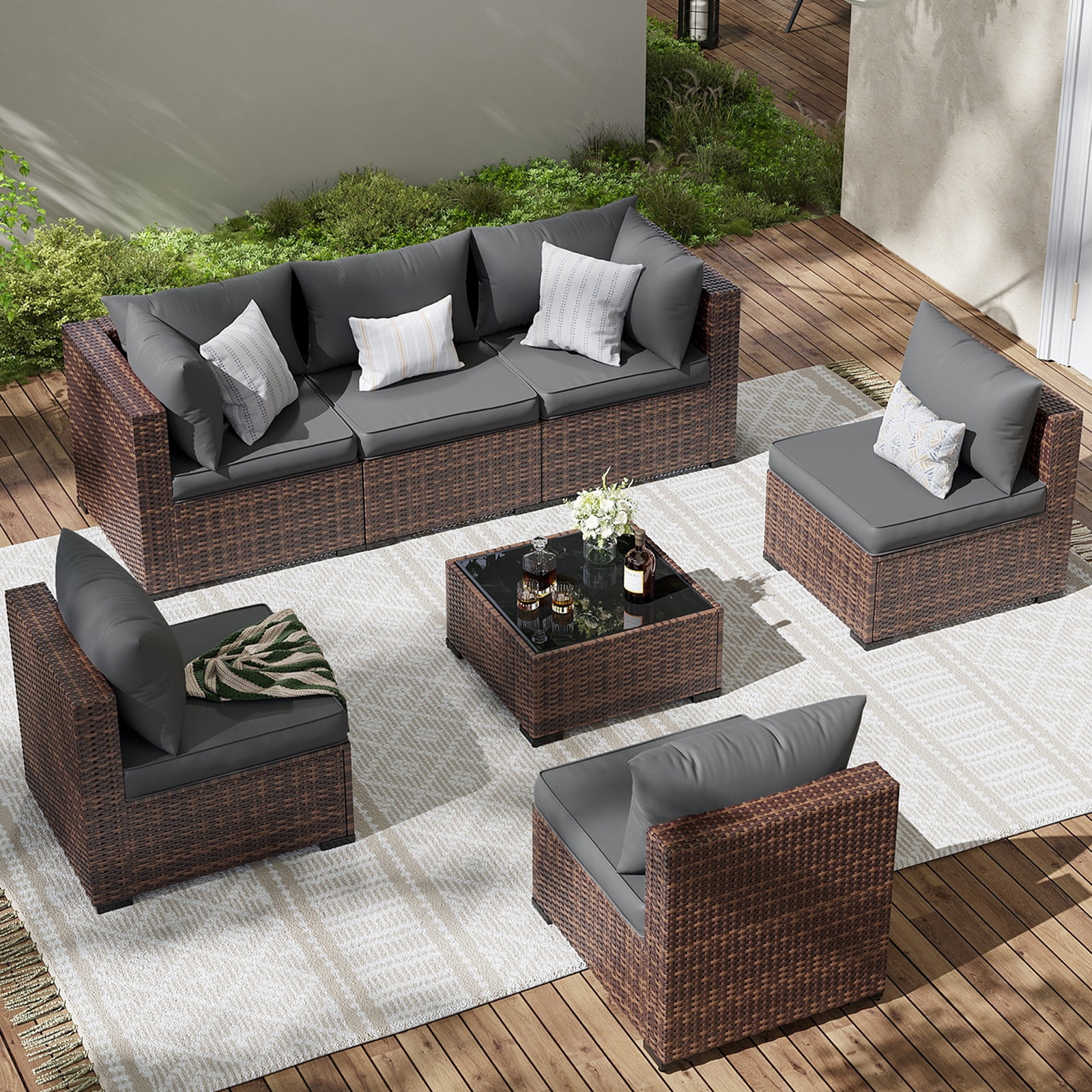 ELPOSUN 7 Pieces Patio Furniture Set All Weather Outdoor Sectional Sofa, Outdoor Modern Sectional Furniture Wicker Couch with Glass Coffee Table, Thicken Gray Cushions, Water Resistant