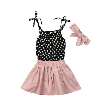 

Huyghdfb 3PCS Baby Girls Polka Dots Print Spaghetti Strap Bodysuit + Skirt + Headband Set