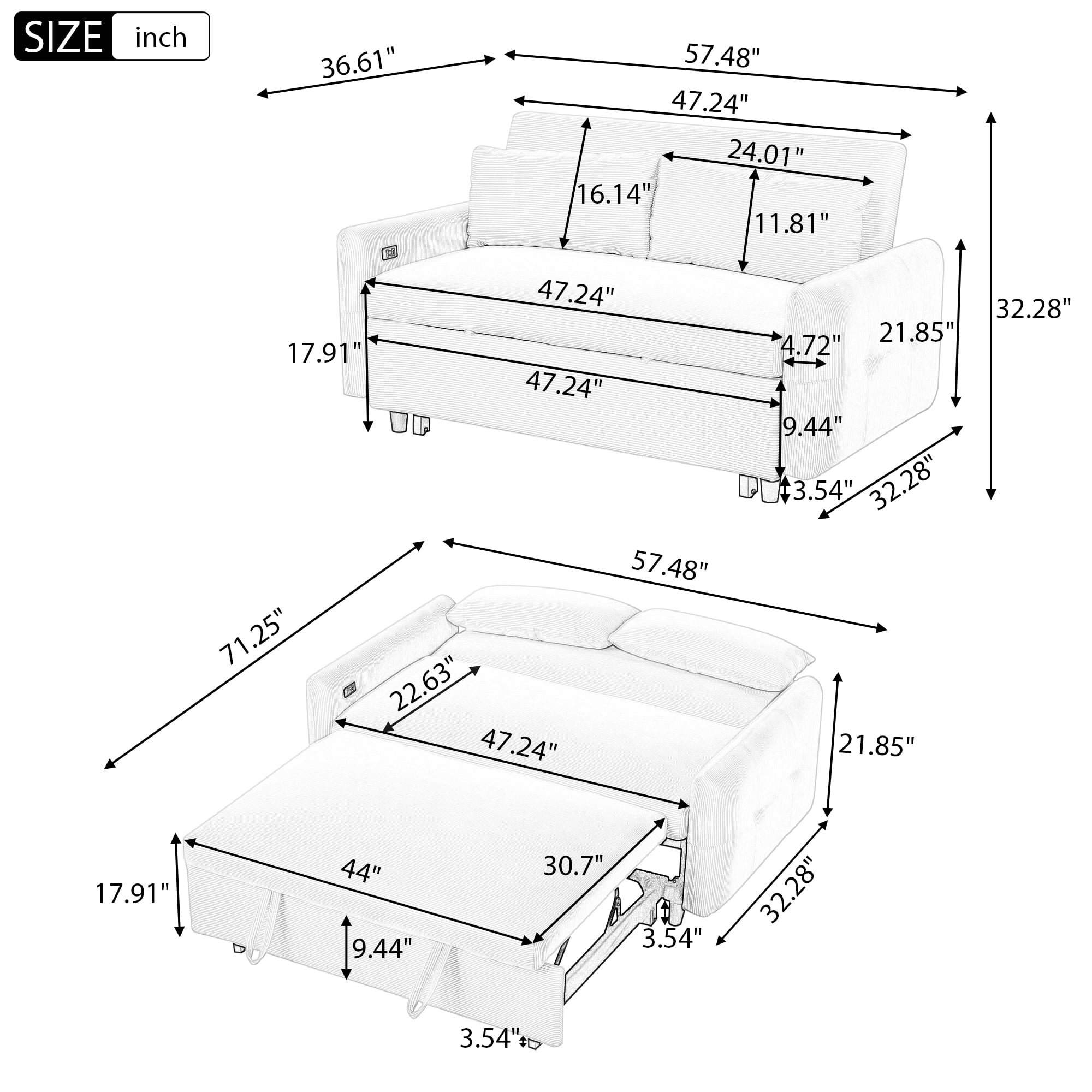 Pull-out Sofa Bed Convertible Couch 2 Seat Loveseat Sofa Modern Sleeper Sofa with Two Throw Pillows and USB Ports for Living Room