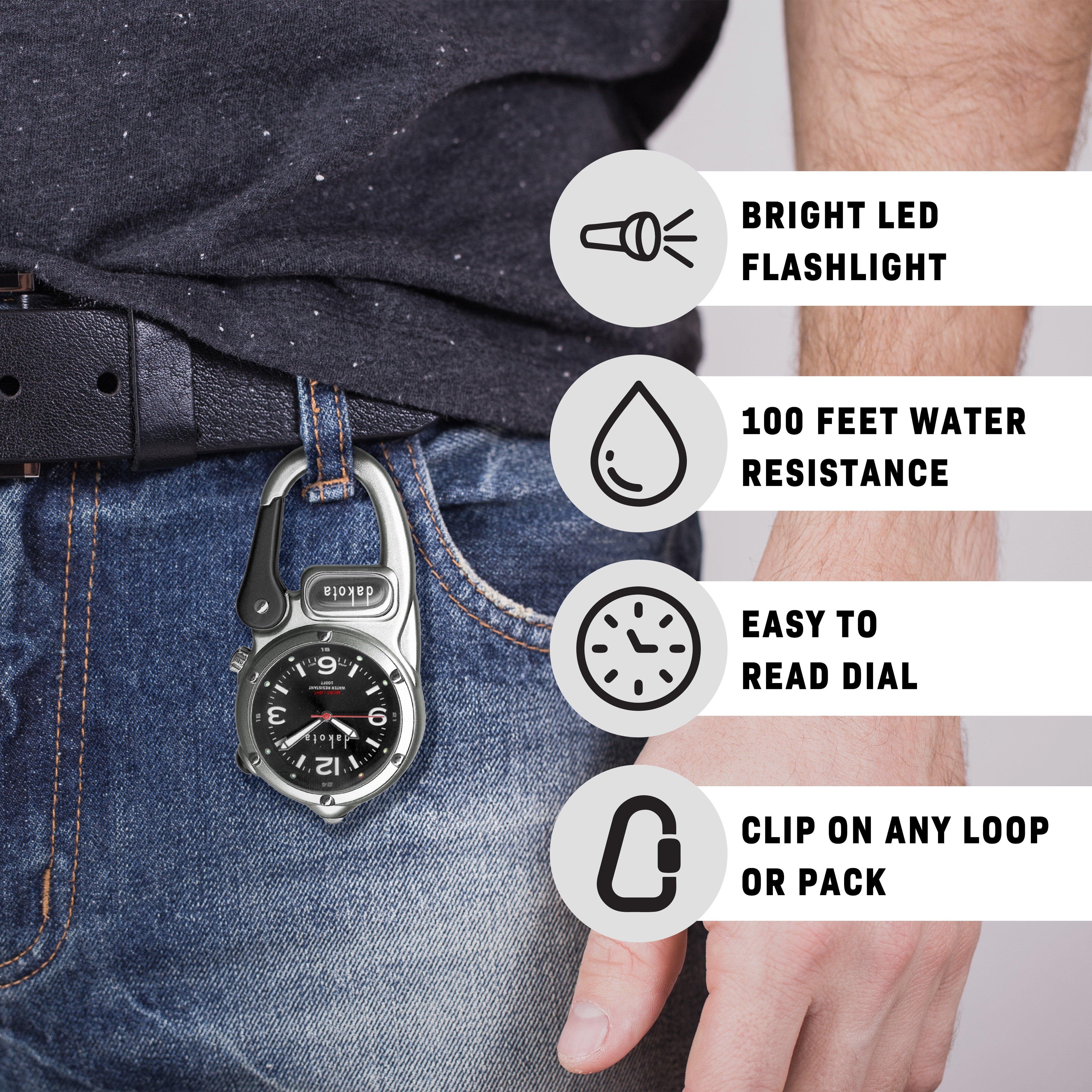 Dakota Mini Clip Microlight, Quality Pocket and Fob Watch, Durability Outdoor Gifts for Men, Use for Hunting, and More, LED Flashlight, Clip on Watch