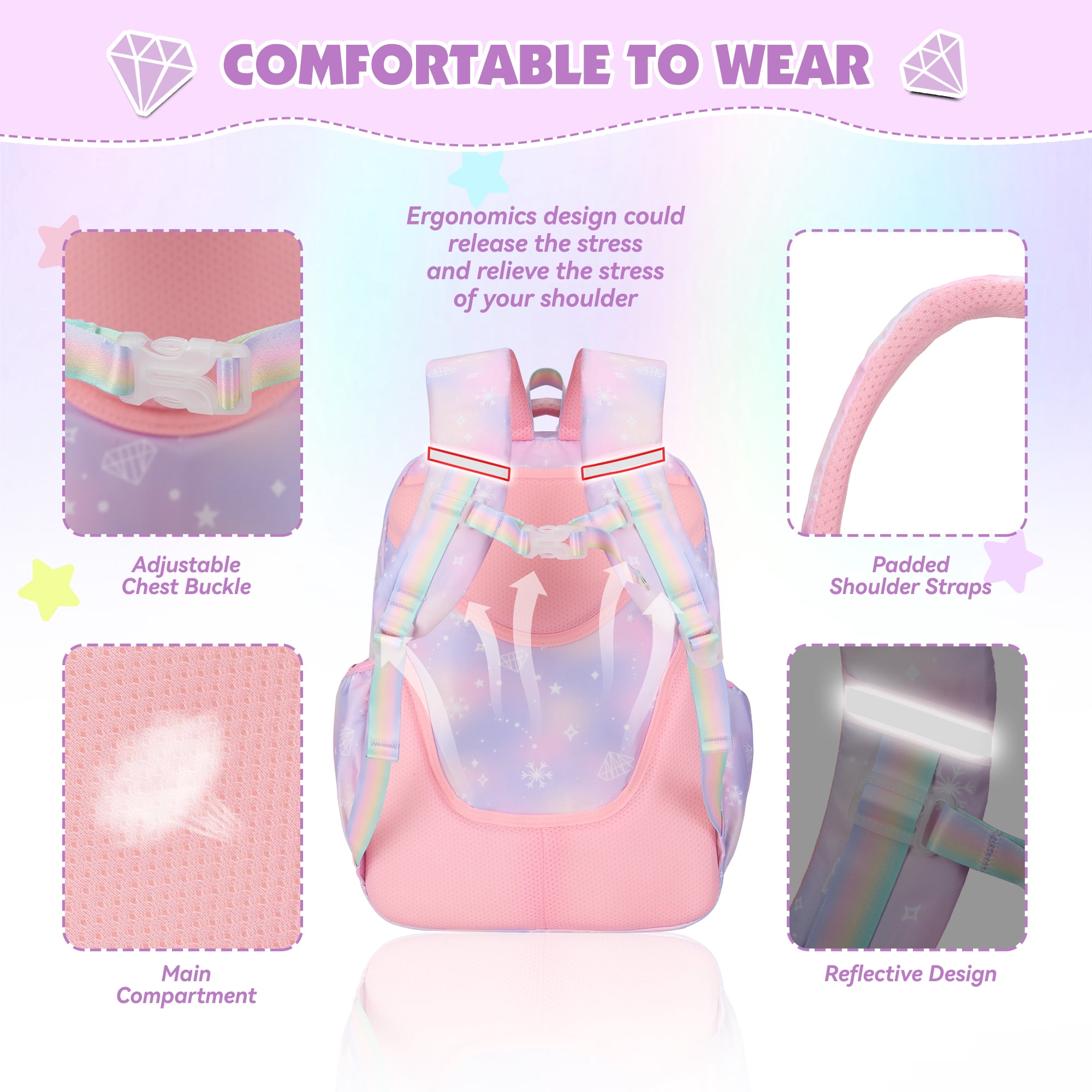DAKIMOE School Backpack Book Bags Primary Middle School Bags for Kids Girls Teens Back to School Large Bookbags with Multi Pocket for 7-14 Years Purple