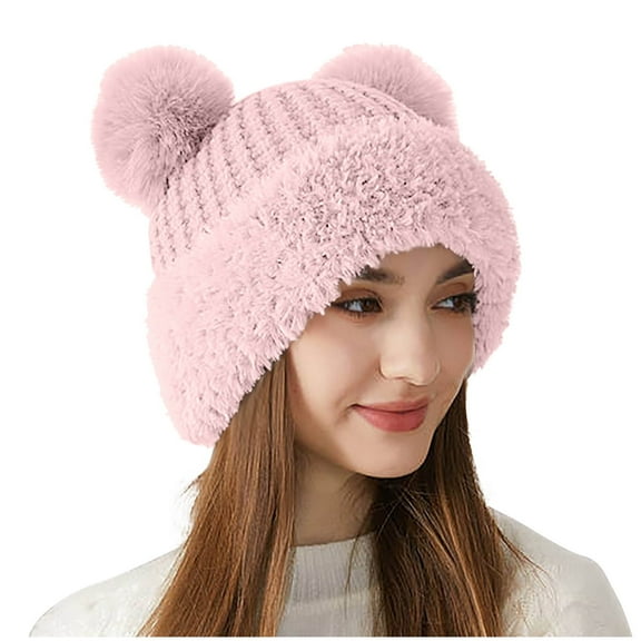 Xfvqtps Womens Beanie Knitted Plush Cartoon Ear Cute Kawaii Plush Brim Pompom Fluffy Fuzzy Windproof Coldproof Warm Outdoor Winter Skull Cap Pink