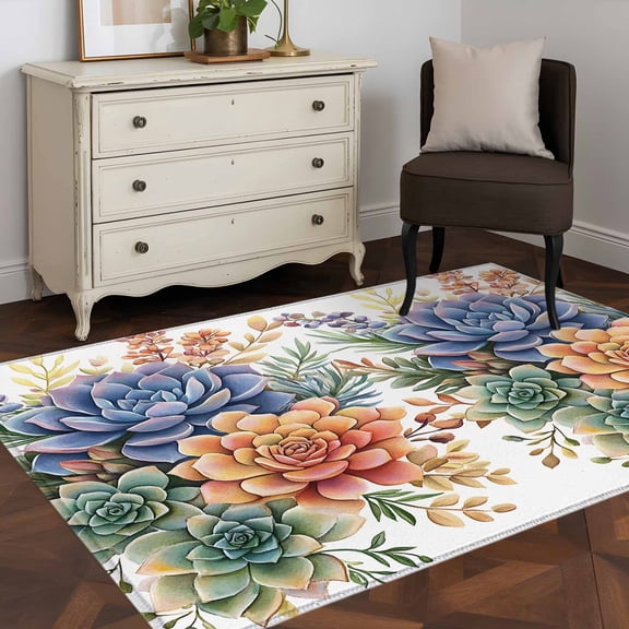 3'x5' Area Rugs, Spring Floral Succulents Indoor Outdoor Area Rug for Living Room Bedroom, Watercolor Botanical Summer Washable Bathroom Rugs Kitchen Floor Carpet Mats Home Decor Aesthetic
