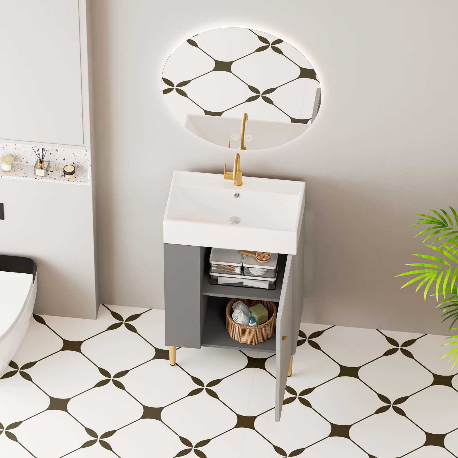 21.7" Bathroom Vanity with Ceramic Sink, Freestanding Bathroom Vanity with Open-Shelving Natural Wood Vanities Cabinet Soft Closing Door Right Storage for Small Bathroom Grey