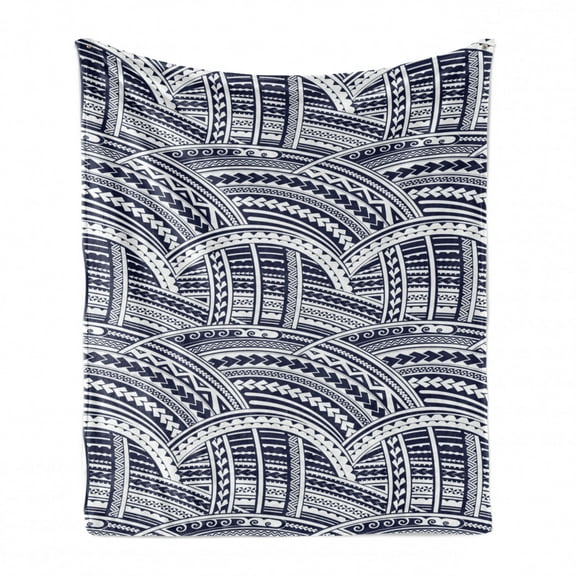 Abstract Soft Flannel Fleece Blanket, Intertwined Elements in Waves Form Monochrome Illustration Pattern, Cozy Plush for Indoor and Outdoor Use, 60" x 80", Dark Violet Blue and White, by Ambesonne