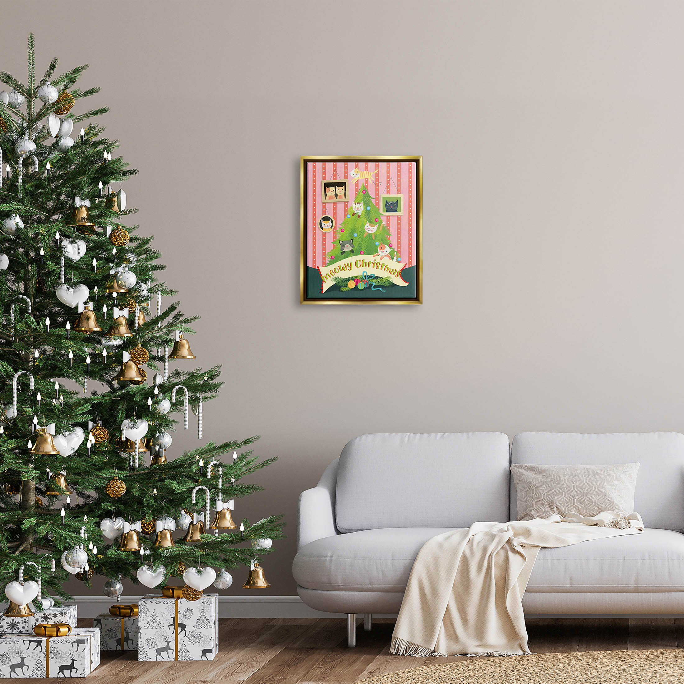 Meowy Christmas Cat Tree Holiday Graphic Art Metallic Gold Framed Art Print Wall Art