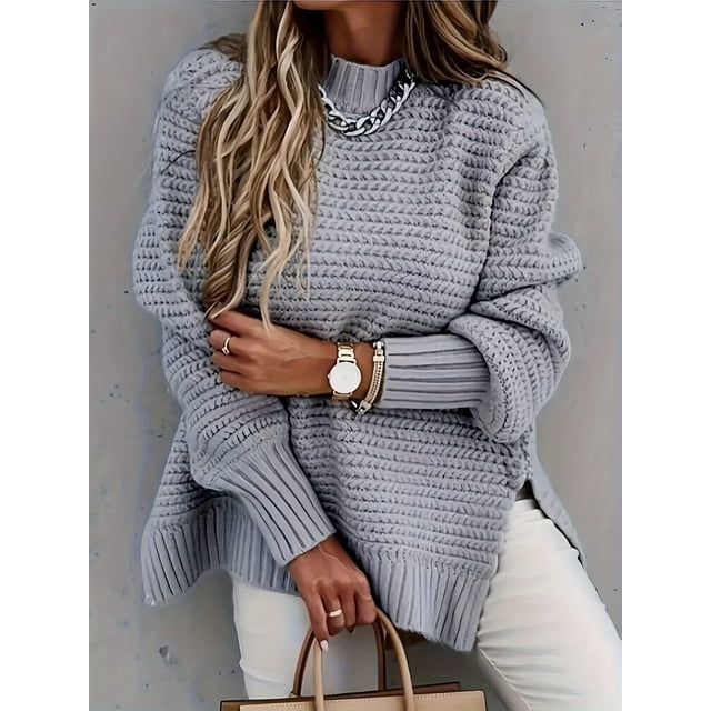 Chandail Élégant à Manches Longues pour Femmes, Ourlet Asymétrique, Col Montant, Doux, Confortable et Polyvalent
