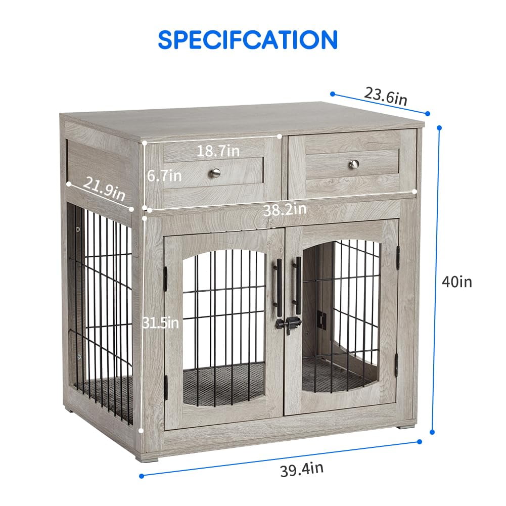 Kselythan Dog Crate Furniture with 3 Doors,39.4" Large Dog Crate with 2 Drawer & Cushion,Wooden Dog Crate Table Dog House Kennel for Medium/Large Dog,Indoor End Table Dog House Dog Cage